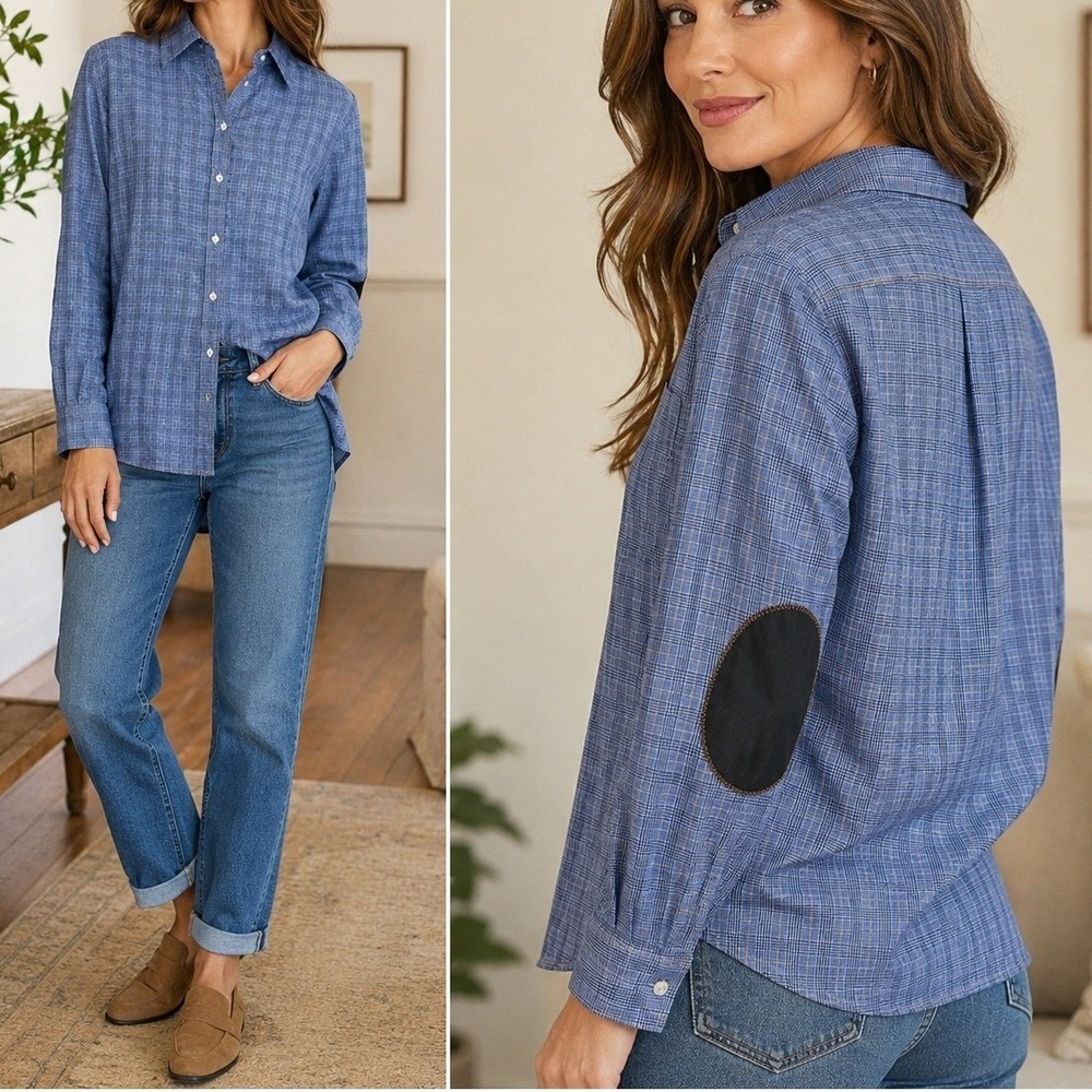 Louis Feraud Shirt Women 42 Blue Plaid Button Down Elbow Patch Dark Academia Top